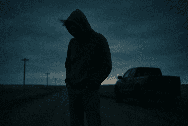 Man standing alone on a rural Alberta road at dusk, symbolizing men's mental health struggle and suicide awareness for MenTELL.ca