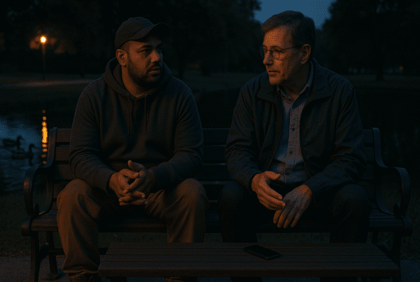 Two men of different ages sit on a bench in a quiet park at sunset. One is mid-sentence while the other listens, a phone between them untouched. A peaceful moment of support and presence.